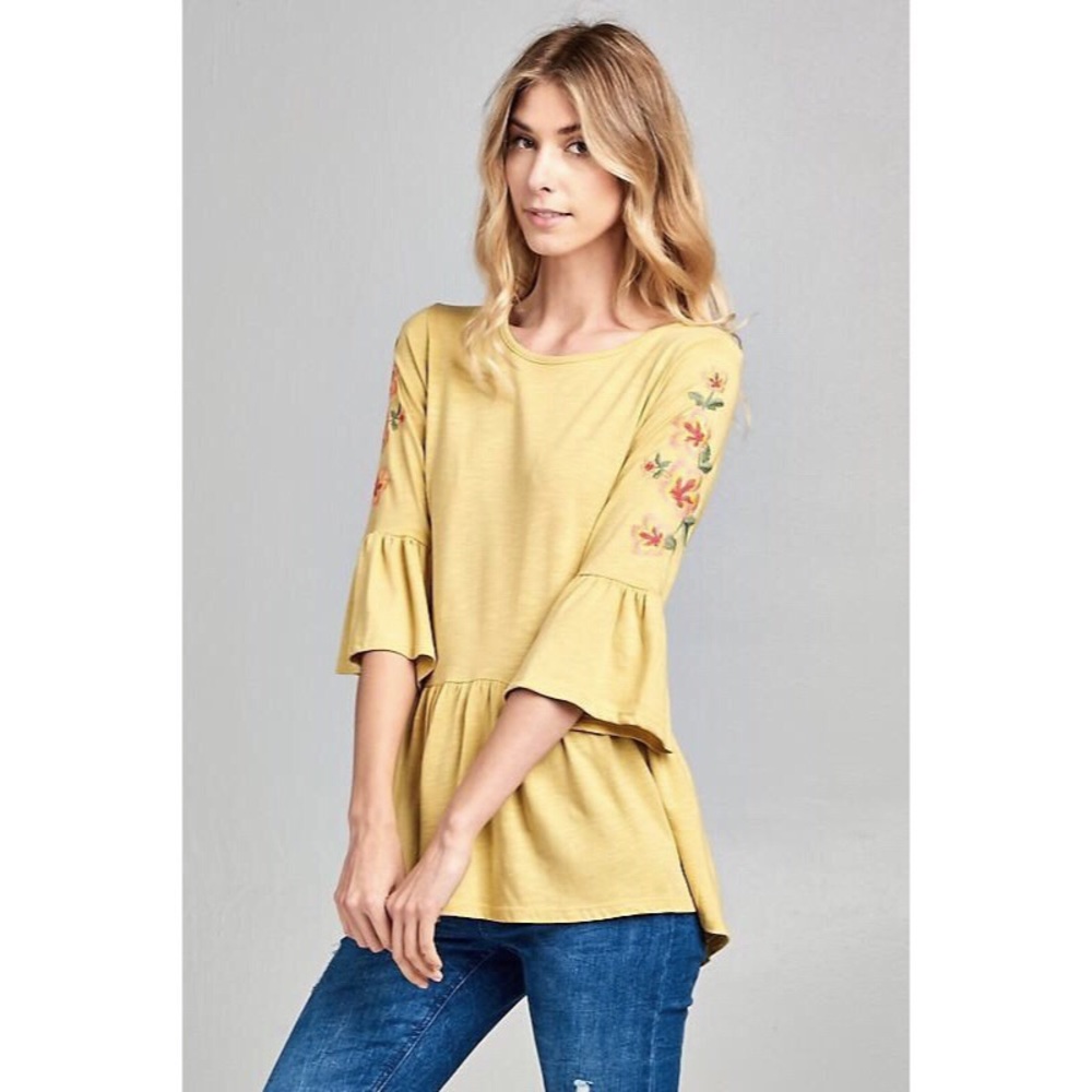 Cute Yellow Embroidered Peplum Top